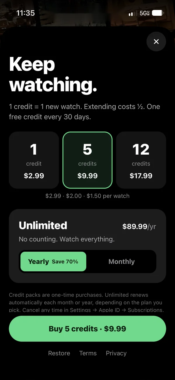 Credit packs and Unlimited plans in the TableWatch app