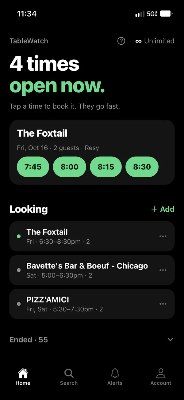 TableWatch Home screen with open times shown as green buttons