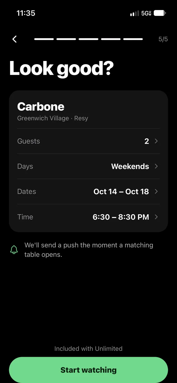 Setting up a watch for Carbone: 2 guests, weekends, 6:30 to 8:30 PM